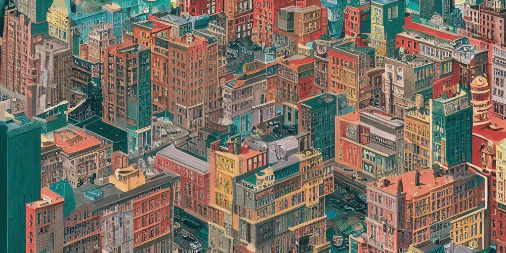 Image similar to A cityscape illustrations, by Wes Anderson, hyper detailed, intricate