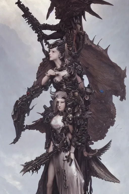 Image similar to Beautiful pale warhammer 40000 goth girl with mechanical wings, dark fantasy, digital illustration, intricate, highly detailed, smooth, artstation, painted by Wayne Barlowe and Greg Rutkowski and zdislav beksinski and Ruan Jia and Mandy Jurgens and Artgerm and william-adolphe bouguereau