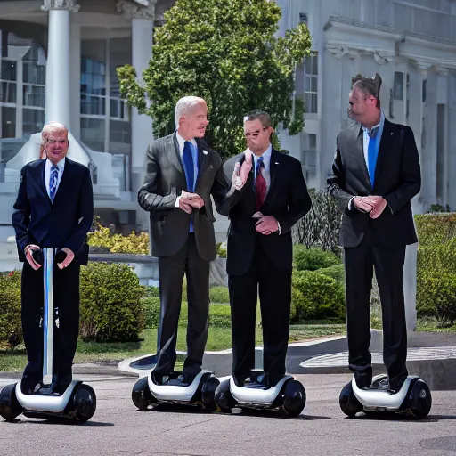 Image similar to A professional photograph of Joe Biden and his bodyguards standing on hoverboards, HDR, 8k,