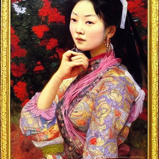 Image similar to portrait of asian beautiful woman masterpiece painting by vasnetsov and surikov, JEAN-VICTOR BERTIN, by Terence Cuneo, detailed, t artfully traced