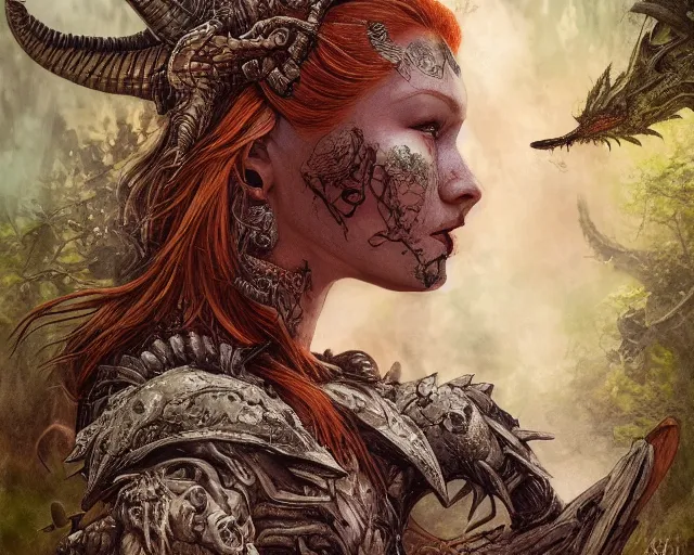 Image similar to 5 5 mm portrait photo of an armored gorgeous anesthetic redhead woman warrior with a face tattoo and horns growing from her head, and small dragon sitting on her shoulder in a magical forest in the style of stefan kostic, art by luis royo. highly detailed 8 k. intricate. lifelike. soft light. nikon d 8 5 0. cinematic post - processing