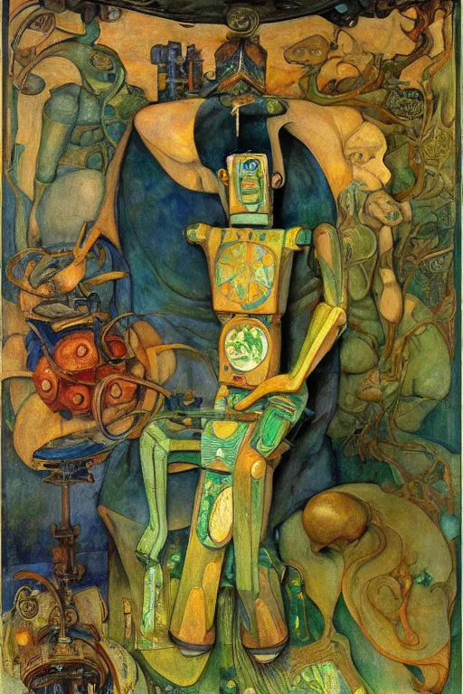 Prompt: the robot queen makes tea ,by Annie Swynnerton and Diego Rivera and Elihu Vedder, symbolist, dramatic lighting, elaborate geometric ornament, Art Brut, soft blues and greens,smooth, sharp focus, extremely detailed, Adolf Wölfli