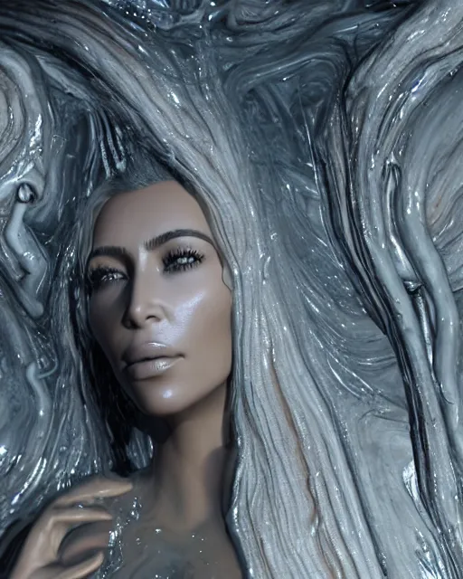 Prompt: epic full - shot still of kim kardashian unconscious in a transparent alien liquid, wet flowing hair, gooey skin, illustration, unreal engine 5, 8 k, made by h. r. giger.