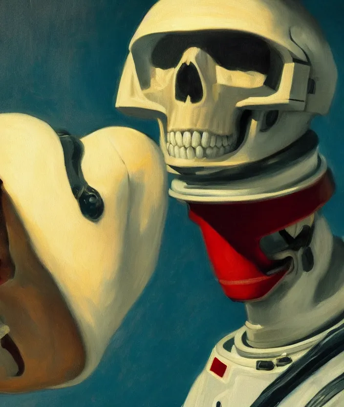 Image similar to a portrait of an astronaut with a skull head, cinematic and highly detailed oil painting by edward hopper, oil painting masterpiece, mysterious, very aesthetic, cinematic and dramatic red light, 4 k,