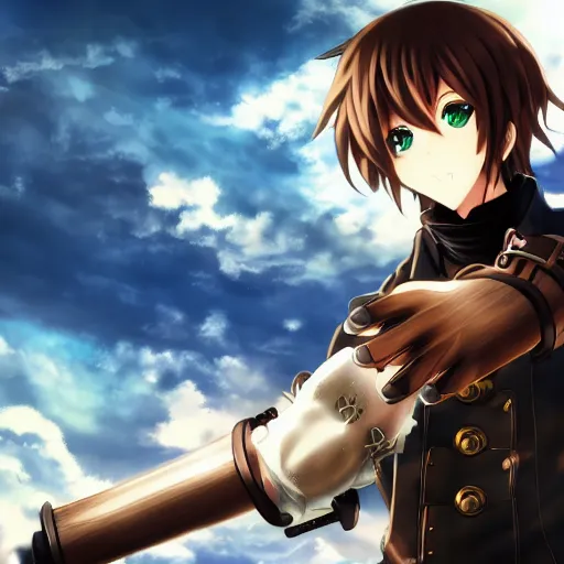 Image similar to anime man with a steampunk prosthetic arm, handsome, finely detailed, cinematic lighting, clouds, sky, sunlight, anime,