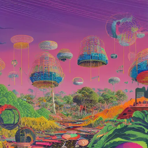 Prompt: Maximalism colourful illustration of solar punk Shanghai weaving with hybrid ecosystem in sky reclaimed by nature, by Otomo Katsuhiro and Simon Stalenhag, surreal, 8K