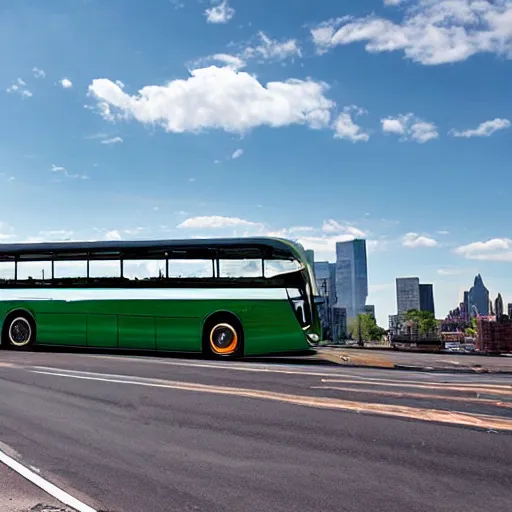 Prompt: photo of a giant bus, near new york bay