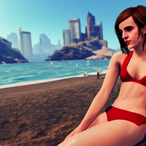 Prompt: emma watson in red bikini in gta v taking a selfie on the beach, cover art by stephen bliss, artstation, no text