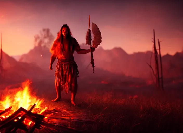 Image similar to shaman behind bonfire twilight hyper realistic cinematic art 4 k great view high quality