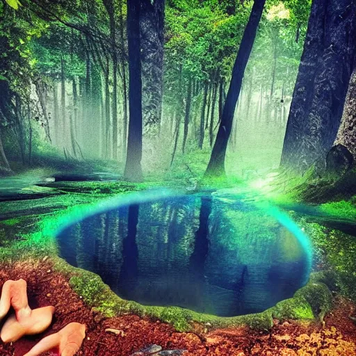 Prompt: gods in forest, three eyed, wide shot, feet in water, vivid colors, foreheads with eyes, ground very detailed, wet eyes reflecting into eyes reflecting into infinity, natural lighting