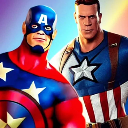 Prompt: John cena drinking a cup of coffee with captain america in marvel universe, as a Fortnite character, cinematic, detailed