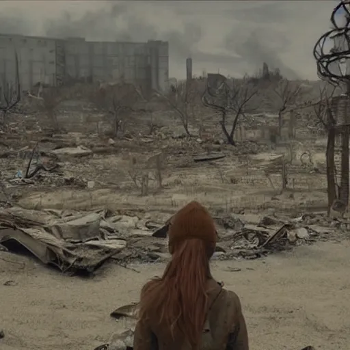 Image similar to postapocalyptic woman staring at a destroyed wasteland