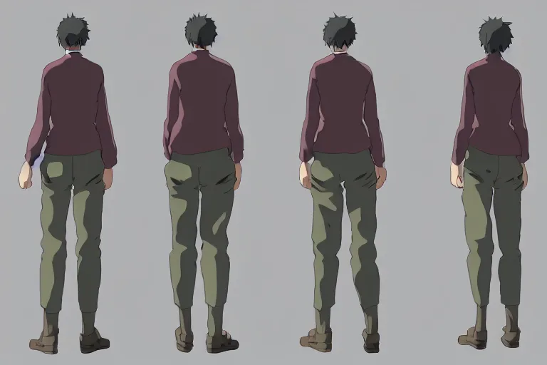 Image similar to a reference sheet containing three pictures of a t position hero by ghibli studio, front back view and side view, t position proportions, ready to model,