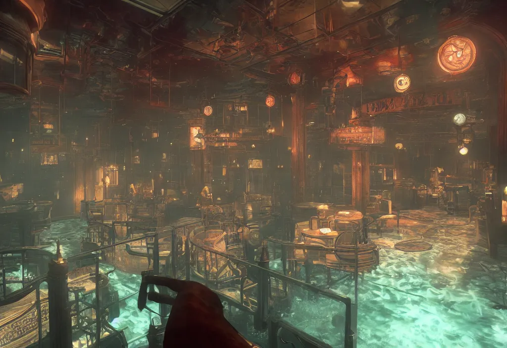 Image similar to In the world of rapture from the world of bioshock you are in a bar, there is a window that lets you see the whole city underwater and you are drinking a rum and coke, there are masks on the tables, there is a band playing in the corner