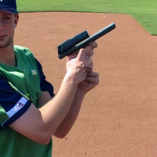 Prompt: Dutch baseball player armed with a gun.
