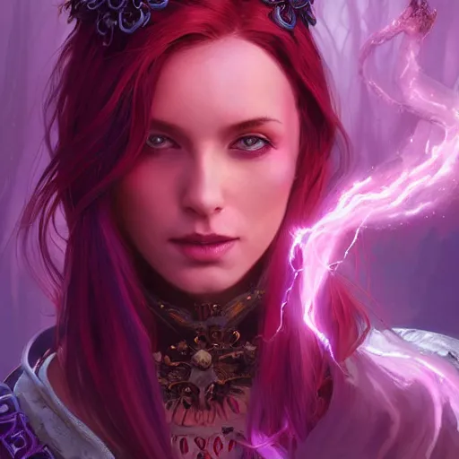 Image similar to necromancer glowing with purple magic, red hair, female, glacier landscape, D&D, fantasy, intricate, elegant, highly detailed, digital painting, artstation, concept art, matte, sharp focus, illustration, art by Artgerm and Greg Rutkowski and Alphonse Mucha