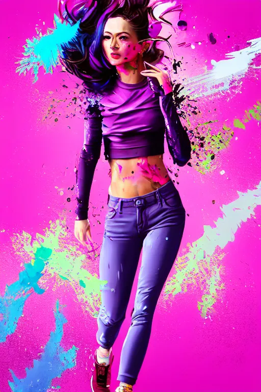 Image similar to a award winning half body porttrait of a beautiful woman in a croptop and cargo pants with ombre purple pink teal hairstyle with head in motion and hair flying, paint splashes, splatter, outrun, vaporware, shaded flat illustration, digital art, trending on artstation, highly detailed, fine detail, intricate