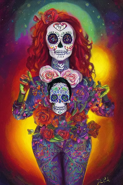 Image similar to Illustration of a sugar skull day of the dead girl, art by Paul Lehr