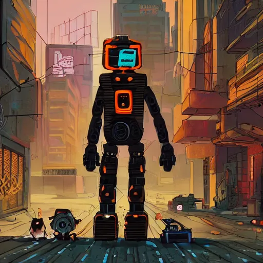 Image similar to a orange cat in a cyberpunk post apocalyptic city with robots living as humans