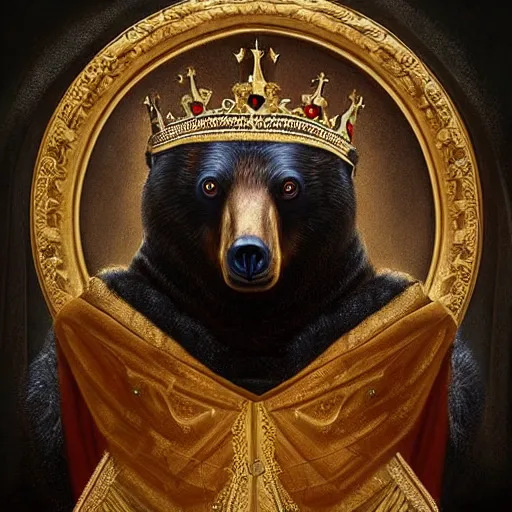 Image similar to “ an oil painting portrait of a bear wearing medieval royal robe and an ornate crown on a dark background ” digital art, concept art, highly detailed, 3 - d 4 k, trending on art station, award winning, mark brooks,