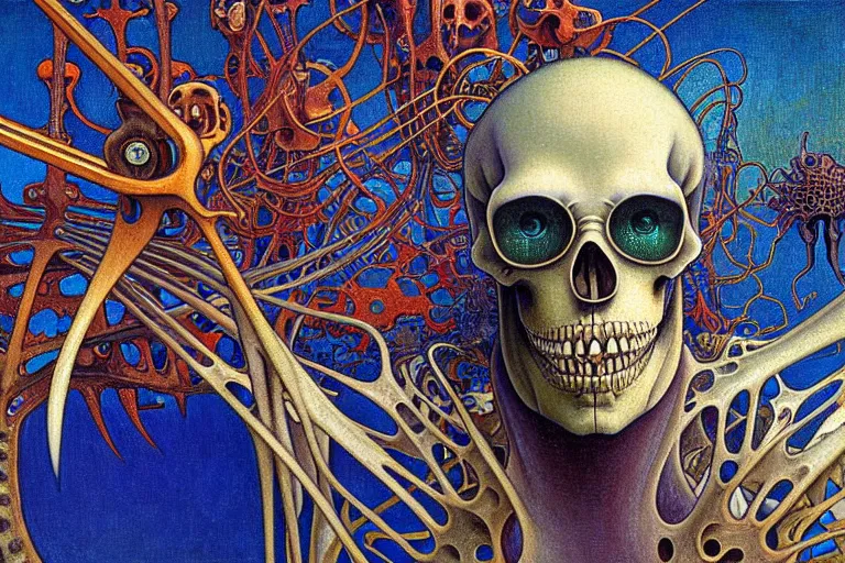 Image similar to realistic detailed closeup portrait painting of a single skeleton in a crowded futuristic street by Jean Delville, Amano, Yves Tanguy, Alphonse Mucha, Ernst Haeckel, Edward Robert Hughes, Roger Dean, rich moody colours, blue eyes