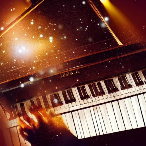 Prompt: a realistic detailed card floating in the air, light particles, piano floating in the sky, light around the piano, shadow of a man playing piano, detailed body, cinematic photo, realistic, detailed