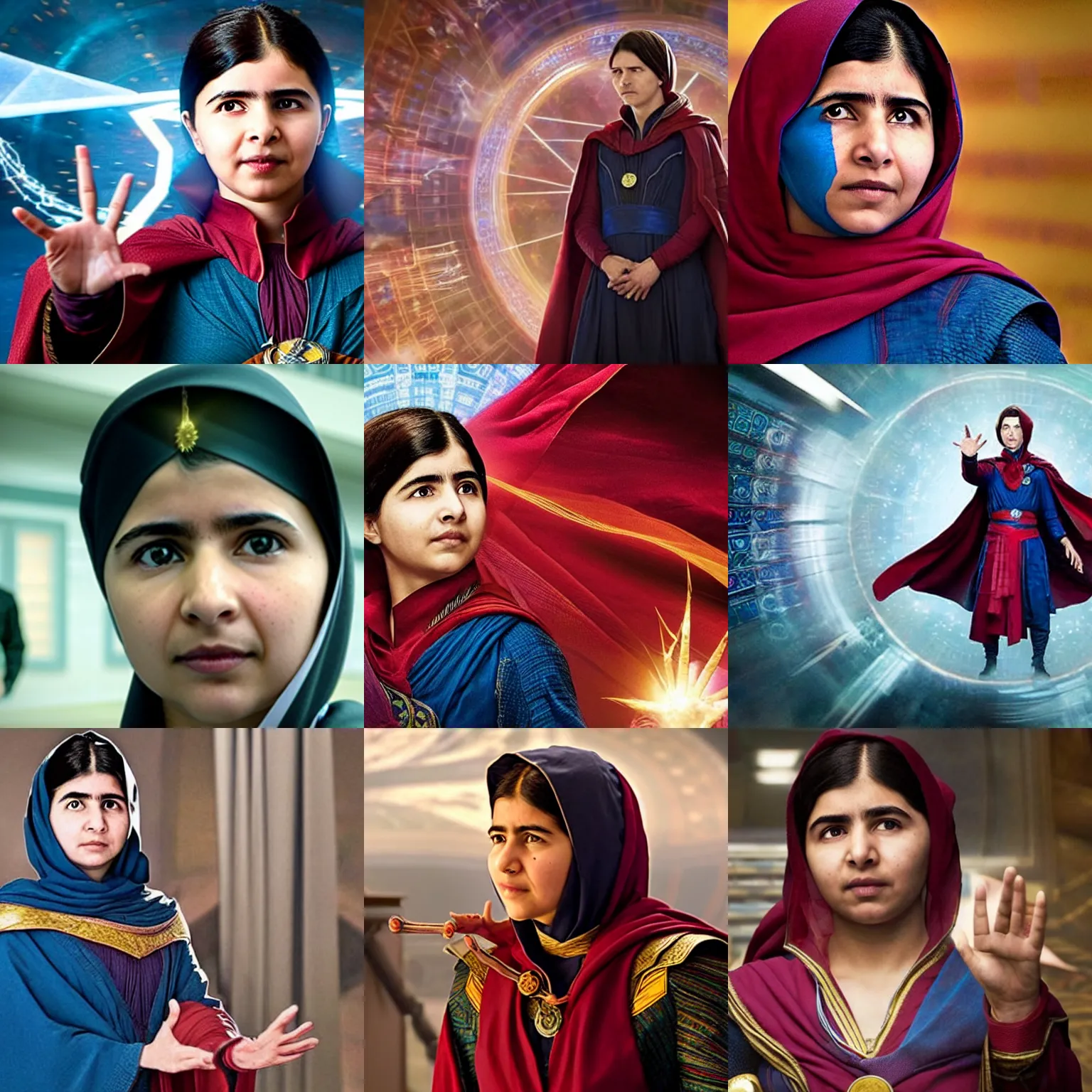 Prompt: Malala Yousafzai as Doctor Strange, film still from the movie 'Doctor Strange'