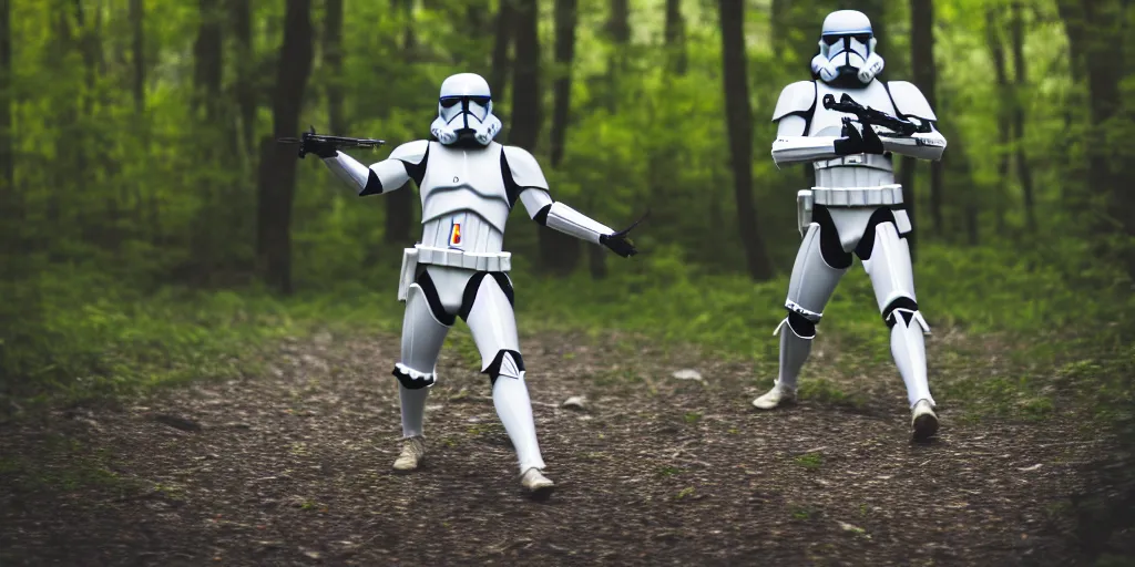 Image similar to photo of a clone trooper dancing in the wilderness, cinematic, anamorphic bokeh, 4 0 mm f / 2. 8, scenic