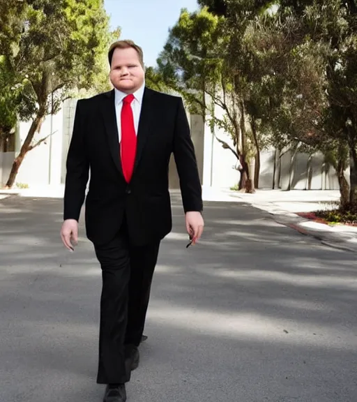 Image similar to Andy Richter is dressed in a black suit and a red necktie and riding a motorcycle into a studio lot. The studio lot is filled with Soundstages and movie trailers. It is a bright afternoon and overcast.