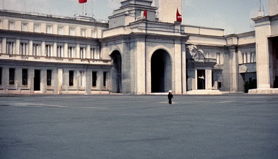 Prompt: 60s movie still of a sovietic stalinist style empty présidantial palace, cinestill 800t 50mm eastmancolor, liminal Space style, heavy grain-s 150