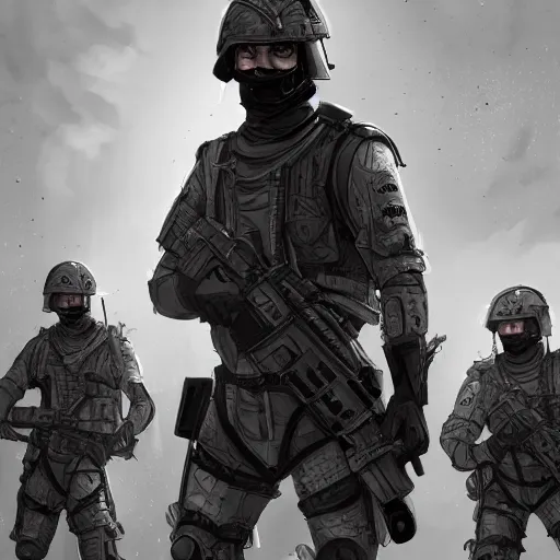 Image similar to Modern British mercenaries in grey uniforms with black armor vests in Afghanistan 2020, by Cedric Peyravernay, highly detailed, excellent composition, cinematic concept art, dramatic lighting, trending on ArtStation, combat photography