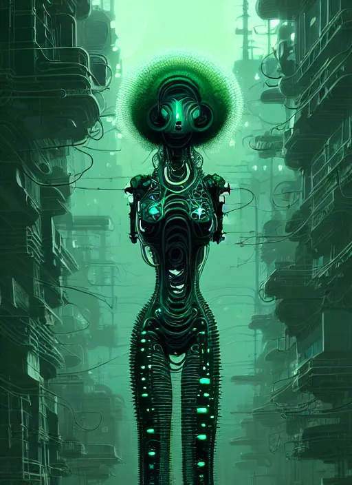 Image similar to highly detailed portrait of a biopunk long curly white hair tribal lady, stray wiring by atey ghailan, james gilleard, by joe fenton, by greg rutkowski, by greg tocchini, by kaethe butcher, 4 k resolution, gradient green, black and white color scheme!!! ( ( green irradiated robotic dystopian city background ) )