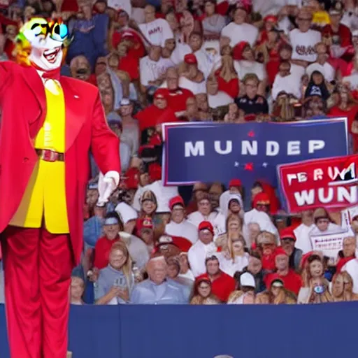 Image similar to Ronald McDonald endorses Trump at a campaign rally