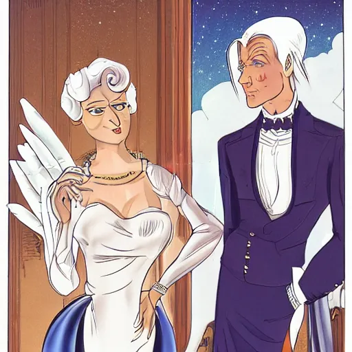 Image similar to cel shaded, square - jawed emotionless serious blonde woman starship engineer, tribal tattoos, handsome, short slicked - back hair, sweating, uncomfortable and anxious, wearing white and gold satin victorian gown with white feathers at opulent formal dinner, looking distracted, awkward, highly detailed, mike mignogna, david mack