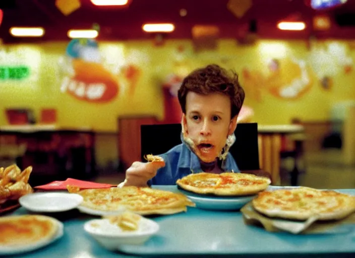 Prompt: portrait of charlie kaufman eating pizza at chuck - e - cheese with sloppy cheesy sauce getting slopped up all over the place, dramatic lighting, moody film still from being john malkovich ( 2 0 0 1 ), 3 5 mm kodak color stock, 2 4 mm lens, directed by spike jonze, ecktochrome