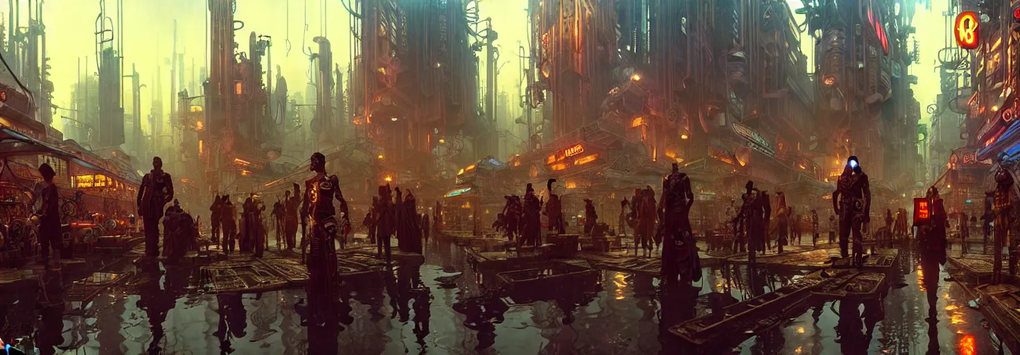 Image similar to steampunk cyberpunk city in a swamp, busy market, godrays, cinematic, poster art by weta studio, lucasfilm jesper ejsing, norman rockwell, mucha, ilya kuvshinov, greg rutkowski frank frazzeta on artstation