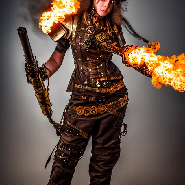 Image similar to full length photo of a beautiful steampunk warrior with a flamethrower, 8 k, hdr, smooth, sharp focus, high resolution, award - winning photo