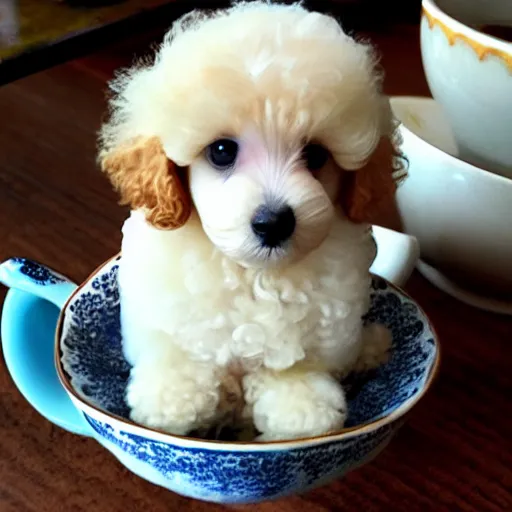 Prompt: very realistic cute poodle puppy sitting inside a tea cup