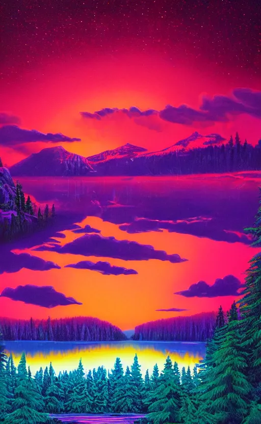 Image similar to beautiful award winning synthwave painting of a canadian lake, extreme detail, digital art, 4 k, ultra hd