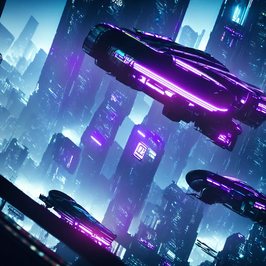 Image similar to Magnificent futuristic vehicle flying through a cyberpunk city high octane render, hyper realistic, extreme details, cinematic, trending on artstation | Aesthetics of bladerunner