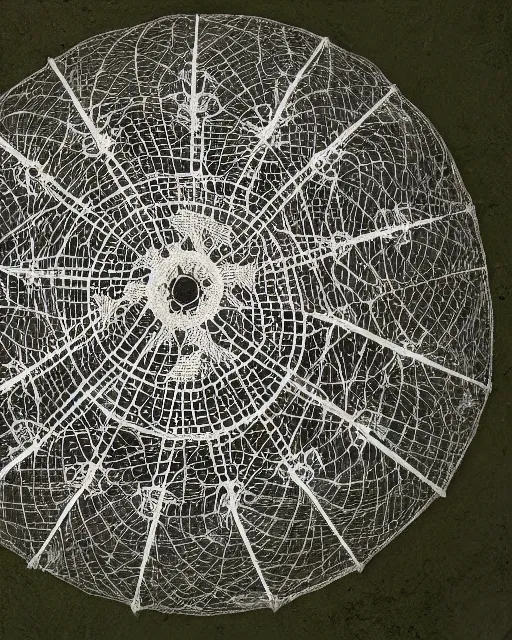 Prompt: orbital space station, made of intricate decorative lace leaf skeleton, shot from a drone, in the style of the dutch masters and gregory crewdson, dark and moody