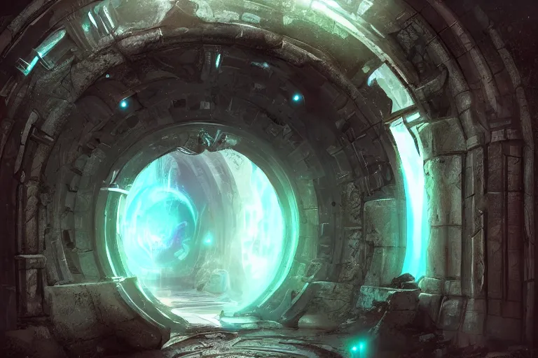 Prompt: ancient glowing epic portal to another dimension, cinematic, futuristic, gate, artstation, mattepainting