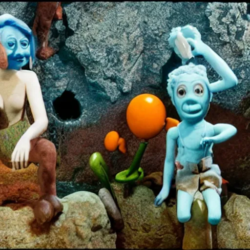 Image similar to a claymation film still of a collection of stone / animism / ethnographic museum / claymation by jeff koons