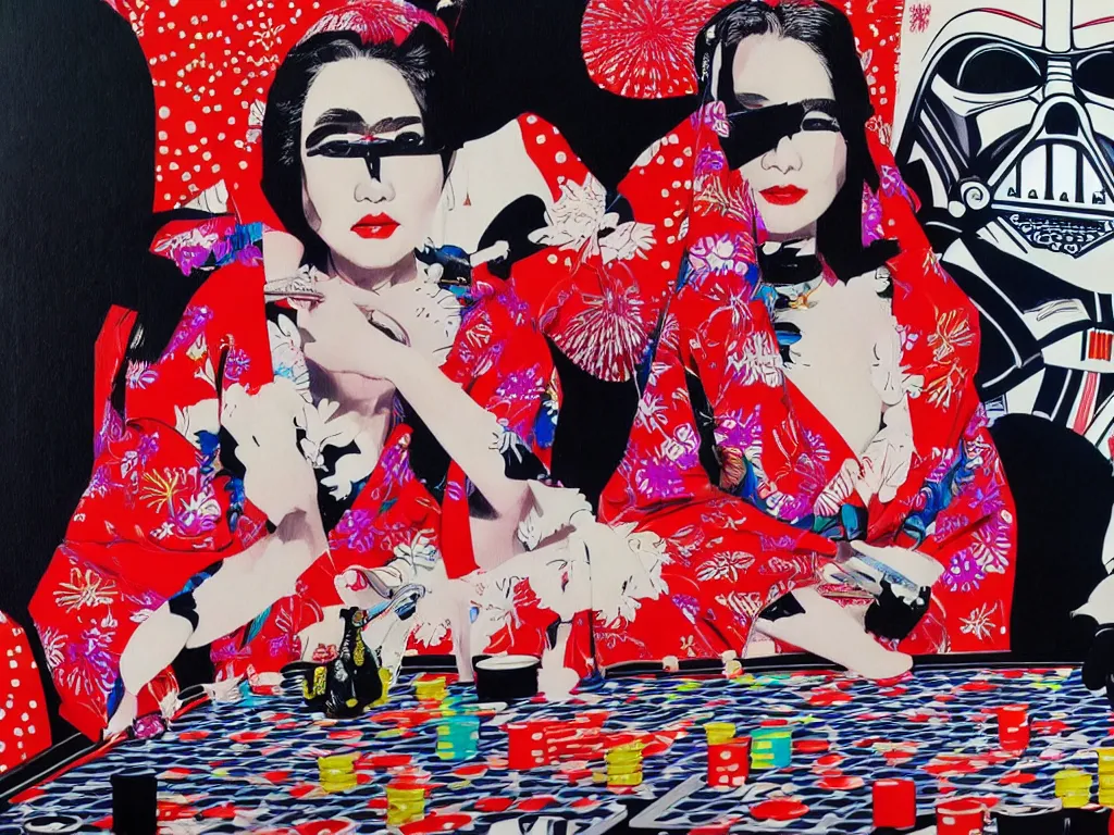 Image similar to hyperrealism composition of the detailed woman in a japanese kimono sitting at an extremely detailed poker table with darth vader, fireworks on the background, pop - art style, jacky tsai style, andy warhol style, acrylic on canvas