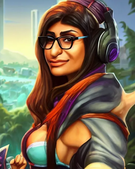 Image similar to mia khalifa as a character in the game League of Legends, with a background based on the game League of Legends, detailed face