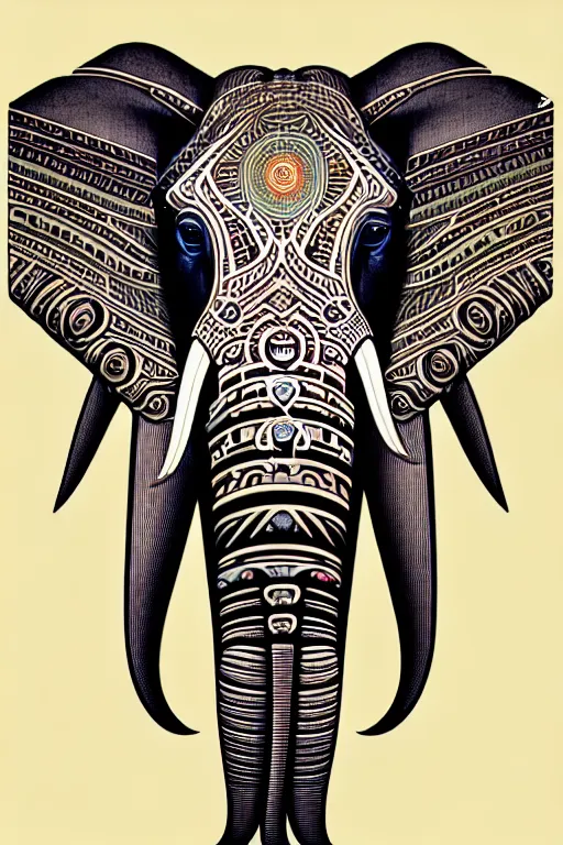 Image similar to a centered portrait of a robotic elephant headed biomechanical creature by clogtwo and subjekt zero. intricate detailed sharp clean textured very ornated. indian tapestry style. lowbrow color palette