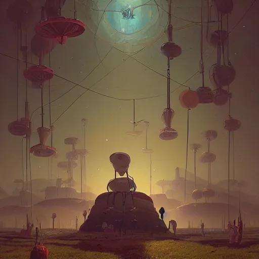 Prompt: A weird circus, by Simon Stålenhag, Makoto Shinkai and Bruce Pennington, greg_rutkowski, Raphael Lacoste