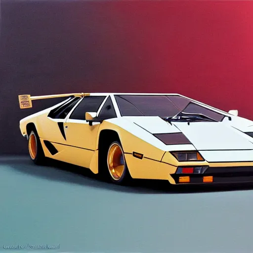 Image similar to A beautiful oil painting of a Lamborghini Countach, volumetric lighting, photorealistic, highly detailed.