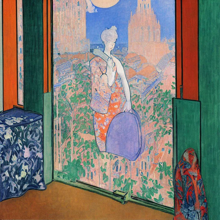 Image similar to portrait of woman in colourful kimono, white cat and house plant with city with gothic cathedral seen from a window frame with curtains. cloudy sunset. bonnard, henri de toulouse - lautrec, rene magritte, utamaro, matisse, monet