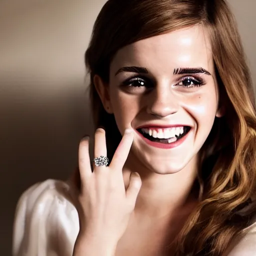 Image similar to A photo of laugh emma watson show wedding ring on his fingers. 50 mm. perfect ring. award winning photography